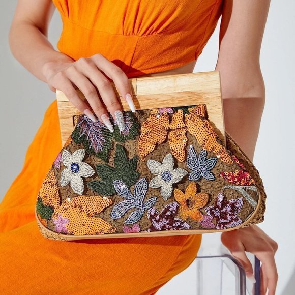 . Handbags - Orange Preppy Womens Floral Embroidered Sequin Decor Straw Bag